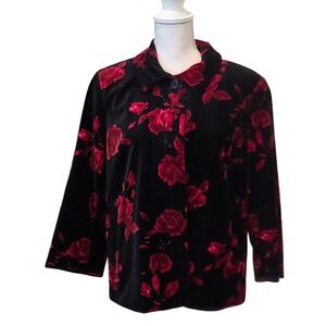 Talbots Rose Floral Velvet Jacket Button Front Black Red Romantic Goth 14